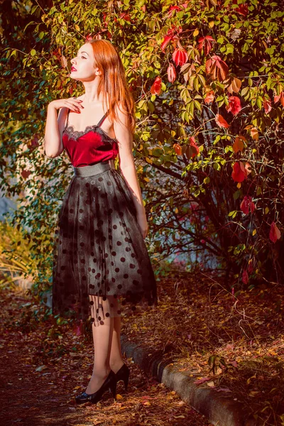 秋天流行 穿着时髦的女孩 老式风格的女性肖像 天鹅绒衬衫和波尔卡圆点裙的红头发女士 — 图库照片