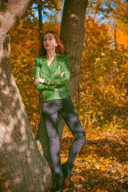 Sonbahar, doğa ve insan konsepti - kızıl saçlı genç güzel kadın sonbaharda dinleniyor. Oldukça iyi bir kadın gezgin rahatlar. Dağları sevmek, konsept macera açık havada aktif tatiller