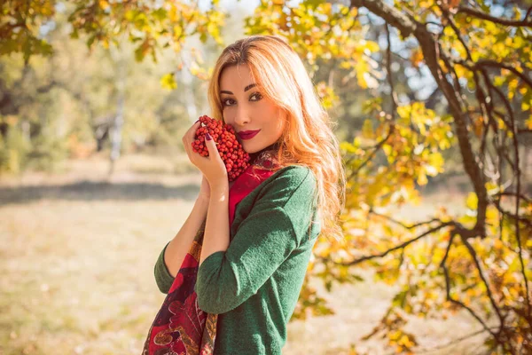 Goldene Herbstzeit Porträt Einer Modischen Frau Warmer Kleidung Szene Park — Stockfoto