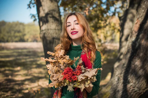 Podzimní Zlatý Čas Portrét Módní Ženy Teplém Oblečení Scéna Parku — Stock fotografie