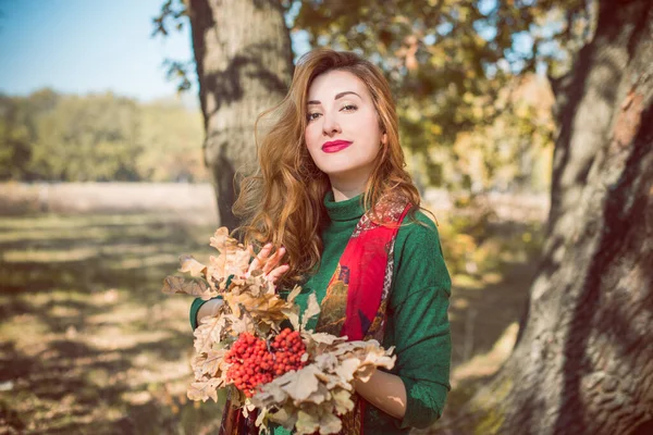 Goldene Herbstzeit Porträt Einer Modischen Frau Warmer Kleidung Szene Park — Stockfoto