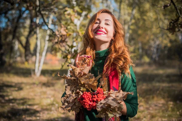 Goldene Herbstzeit Porträt Einer Modischen Frau Warmer Kleidung Szene Park — Stockfoto