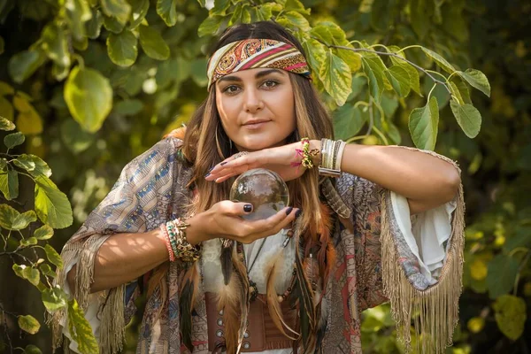 Gypsy Woman Fortune Teller Crystal Ball Concept Predictions Magic Rituals — Stock Photo, Image