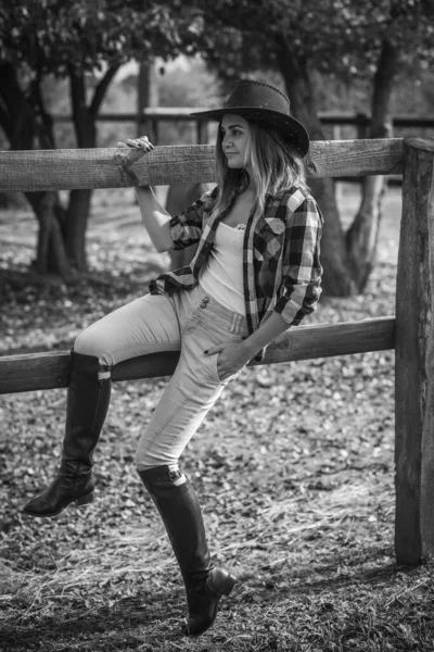 Amerikaanse Vrouw Een Paardenboerderij Portret Van Meisje Met Cowboyhoed Paarden — Stockfoto