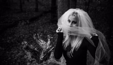 Ormanda mistik bir sahne, gelinlik giymiş bir kız, duvak, Cadılar Bayramı fikirleri. 