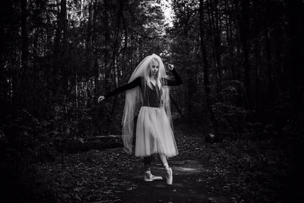 Μυστική Σκηνή Στο Δάσος Κορίτσι Στολή Νύφης Πέπλο Απόκριες Ιδέες — Φωτογραφία Αρχείου