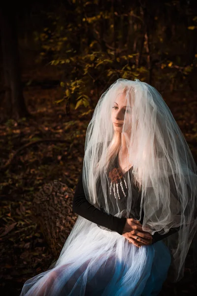 Scène Mystique Forêt Fille Costume Mariée Avec Voile Idées Halloween — Photo