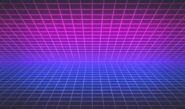 80 'lerin stili Retro Futurism Bilimkurgu Geçmişi. Soyut parlak neon şebeke. Dijital Yüzey. Afişe uygun, poster tasarımı. 3d oluşturma