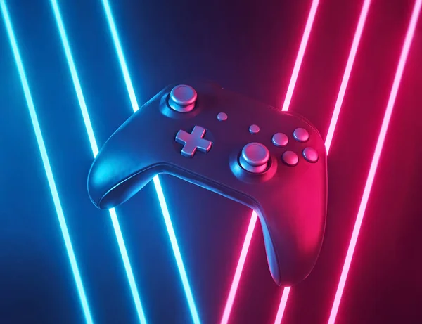 Modern bilgisayar oyun kumandası ya da neon ışıklı oyun sahası. Kapatın. Eğlence ve video oyunları konsepti. 3d oluşturma