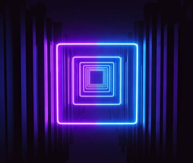 Bilim Kurgu Fütüristik Parlak Menekşe ve Mavi Neon Işıkları soyut arka plan. canlı renkler. Teknoloji konsepti 3d oluşturma