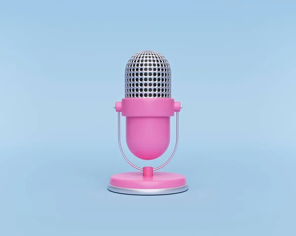Pastel mavi arka planda izole edilmiş şirin pembe Retro mikrofon. En az stil. 3d oluşturma