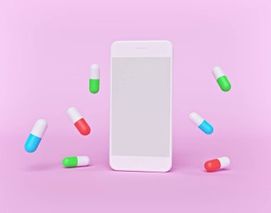 Akıllı telefon ve pastel arka planda tıbbi kapsül hapları. En az stil. Online ilaçlar ve sağlık hizmetleri konsepti. 3d oluşturma