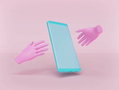 Akıllı telefon ve pembe eller pastel arka planda izole edilmiş. Modern asgari konsept. 3d oluşturma