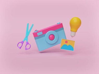 Kamera, makas, fotoğraf ve ampul. Pastel pembe arka planda izole edilmiş. Fotoğraf kurgusu ve fotoğraf fikirleri kavramı. 3d oluşturma