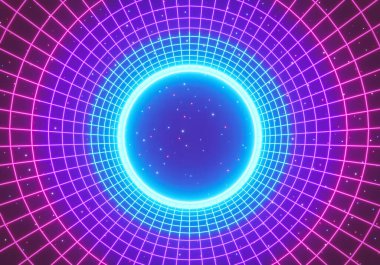 Renkli Retro soyut bilim kurgu arkaplanı. Parlak neon yuvarlak tünel. Pankart, poster. 3d oluşturma