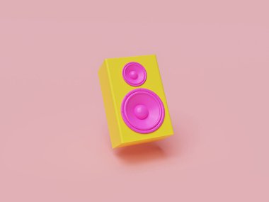 Pastel arka planda sarı ve pembe renkli hoparlör. Minimalizm kavramı. 3d oluşturma