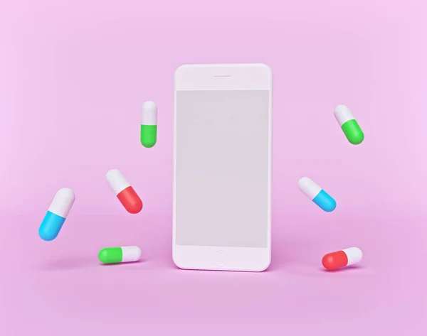 Smartphone Pilules Capsule Médicale Sur Fond Pastel Style Minimal Médicaments — Photo