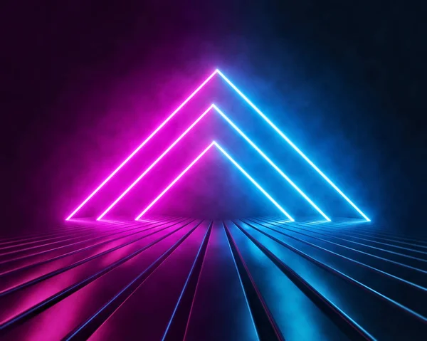 Gelecekçi bilim kurgu üçgeni şekilli pembe ve mavi neon ışıklı boş karanlık odada. Soyut arka plan, sanal gerçeklik, canlı renkler, lazer gösterisi. 3d oluşturma