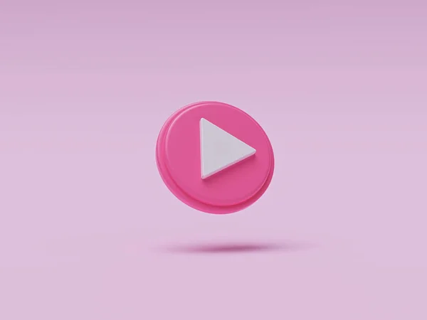 Pastel arka planda izole edilmiş pembe renkli yuvarlak oynatma tuşu. Video konsepti, ses oynatma. 3d oluşturma
