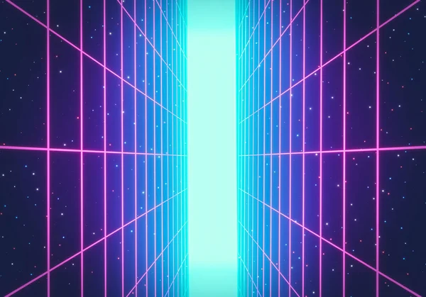 Stile Anni Retro Futurismo Fantascienza Background Griglia Neon Verticale Incandescente — Foto Stock