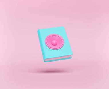 Audiobook konsepti. Pembe arka planda izole edilmiş hoparlörlü kitap. En az stil. 3d oluşturma