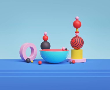 Yaratıcı soyut geometrik ilkel şekiller. Gerçeküstü kompozisyon. Poster, kapak, markalaşma, afiş, web sitesi, sunum için tasarım. Modern asgari konsept. 3d oluşturma