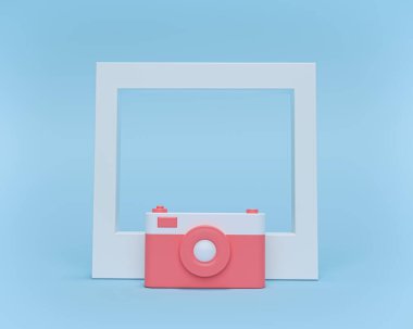 Beyaz fotoğraf çerçeveli oyuncak kamera. Pastel renkler. Minimum özgeçmiş. 3d oluşturma