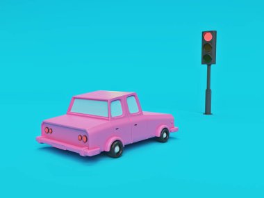 Pembe araba kırmızı ışıkta durmuş, mavi arka planda izole edilmiş. Çizgi film tarzı minimum tasarım. 3d oluşturma