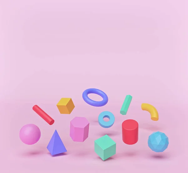 Renkli geometrik şekiller Pastel pembe arka planda yüzer. Kopyalama alanı ile ilgili en küçük kavram. çok renkli üç boyutlu nesneler. 3d oluşturma