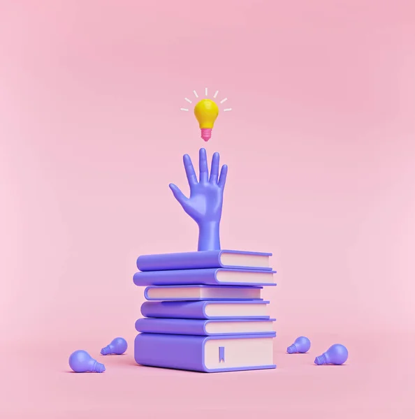 cartoon style books, hand and light bulb isolated on pastel background. education, Knowledge creates ideas. conceptual design. 3d rendering