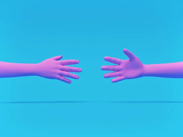 Mavi arka planda en az pembe eller izole edilmiş. Yardım ve ortaklık kavramı. 3d oluşturma