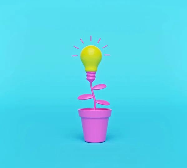 creative minimal idea concept. light bulb growing from the flower pot isolated on blue background. 3d rendering