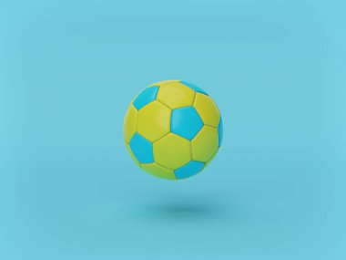 Sarı ve mavi renkli futbol topu pastel mavi arka planda izole edilmiş. Minimum konsept. 3d oluşturma