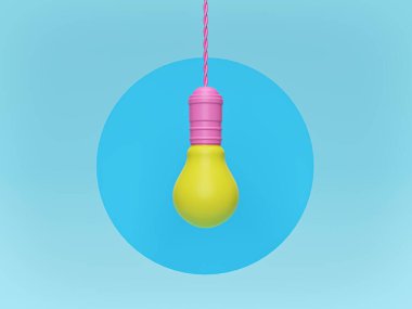 Sarı ve pembe renkli ampuller mavi renkli daire arkaplandalar. Çok az canlı bir stil. Fikir kavramı. 3d oluşturma
