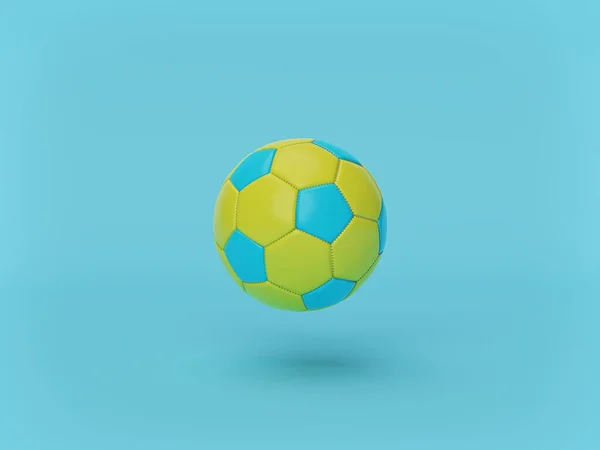 Sarı ve mavi renkli futbol topu pastel mavi arka planda izole edilmiş. Minimum konsept. 3d oluşturma