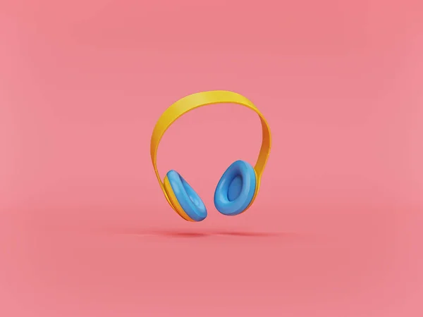 Auriculares Color Amarillo Azul Aislados Sobre Fondo Rojo Pastel Concepto —  Fotos de Stock