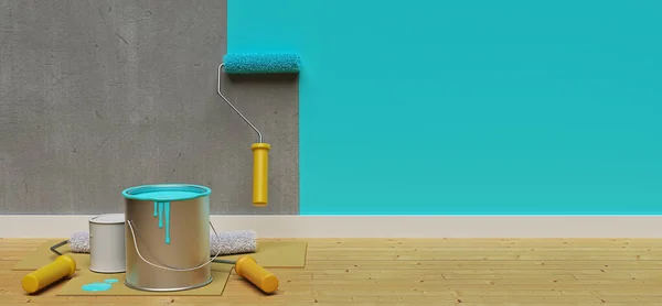 Boya silindirli duvar boyası. Fotokopi alanı ile ev yenileme konsepti. Pankart. 3d oluşturma