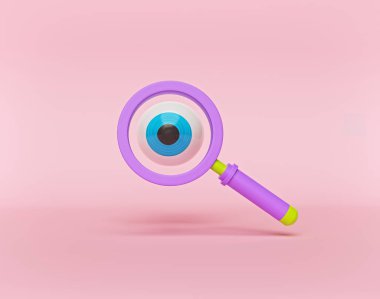 Çizgi film tarzı göz ve pembe arka planda izole edilmiş büyüteç. 3d oluşturma