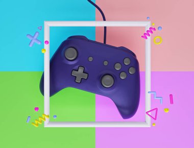 Soyut renkli arka planda izole edilmiş modern bilgisayar oyunu denetleyicisi veya oyun sahası. Asgari oyun konsepti. 3d oluşturma