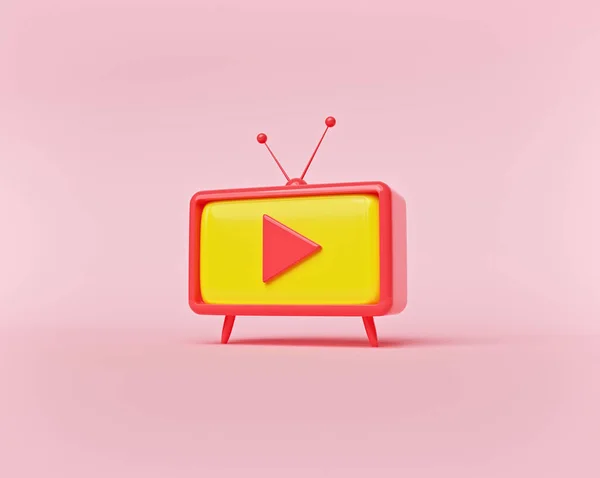 Pastel arka planda oynatma düğmesi olan minimal Retro TV. Online video konsepti. 3d oluşturma
