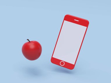 Kırmızı elma ve mavi pastel arka planda akıllı telefon. Minimum teknoloji konsepti. 3d oluşturma