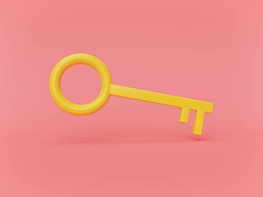 Pastel kırmızı arka planda izole edilmiş minimum sarı anahtar. Basit tasarım. 3d oluşturma