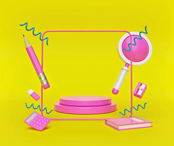 Okul malzemeleri ve sarı arka planda pembe çerçeveli podyum. Okul konseptine dönelim. 3d oluşturma