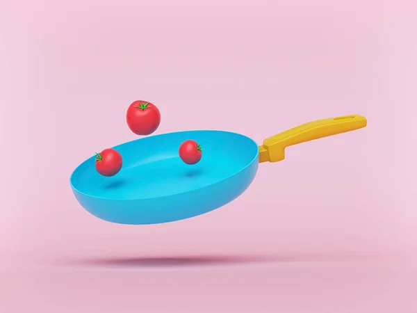 Frying pan with Tomatoes isolated on pastel background. cooking concept. minimal style. 3d rendering