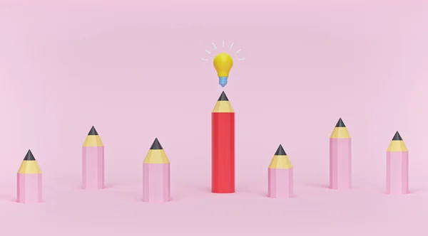 Red Pencil Light Bulb Stand Out Many Pink Pencils Creative — Stock Photo, Image