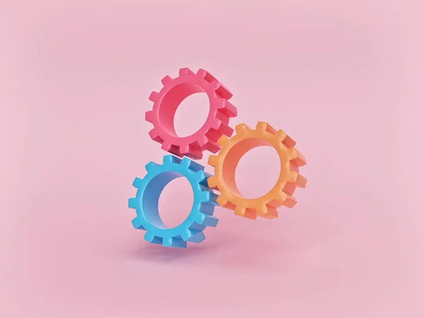 Kırmızı, mavi ve turuncu renkli. Pastel pembe arka planda üç vites var. Minimum takım çalışması konsepti. 3d oluşturma