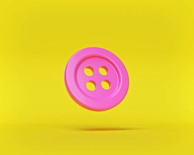 Sarı arka planda gölgesi olan pembe dikiş düğmesi. Minimum terzilik konsepti. 3d oluşturma