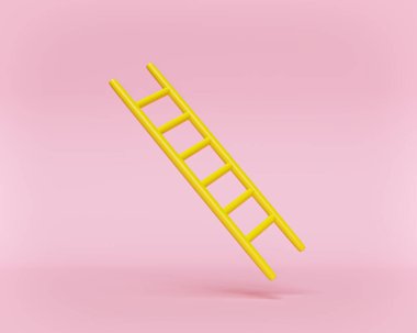 Pastel arka planda gölgesi olan sarı merdiven. En az stil. 3d oluşturma