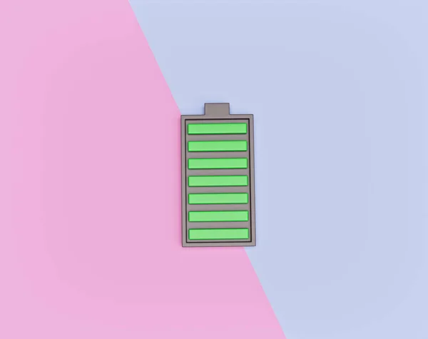 パステルの抽象的な背景に最小限のバッテリーアイコン フル充電のコンセプト 3Dレンダリング — ストック写真