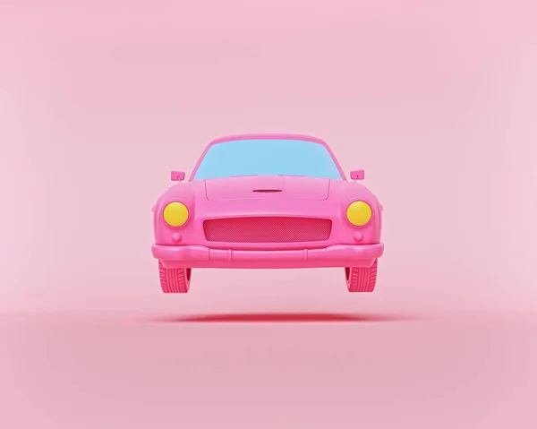 Minimalizm konsepti. Modern pembe araba pastel arka planda yüzüyor. Ön manzara. Çizgi film tarzı. 3d oluşturma